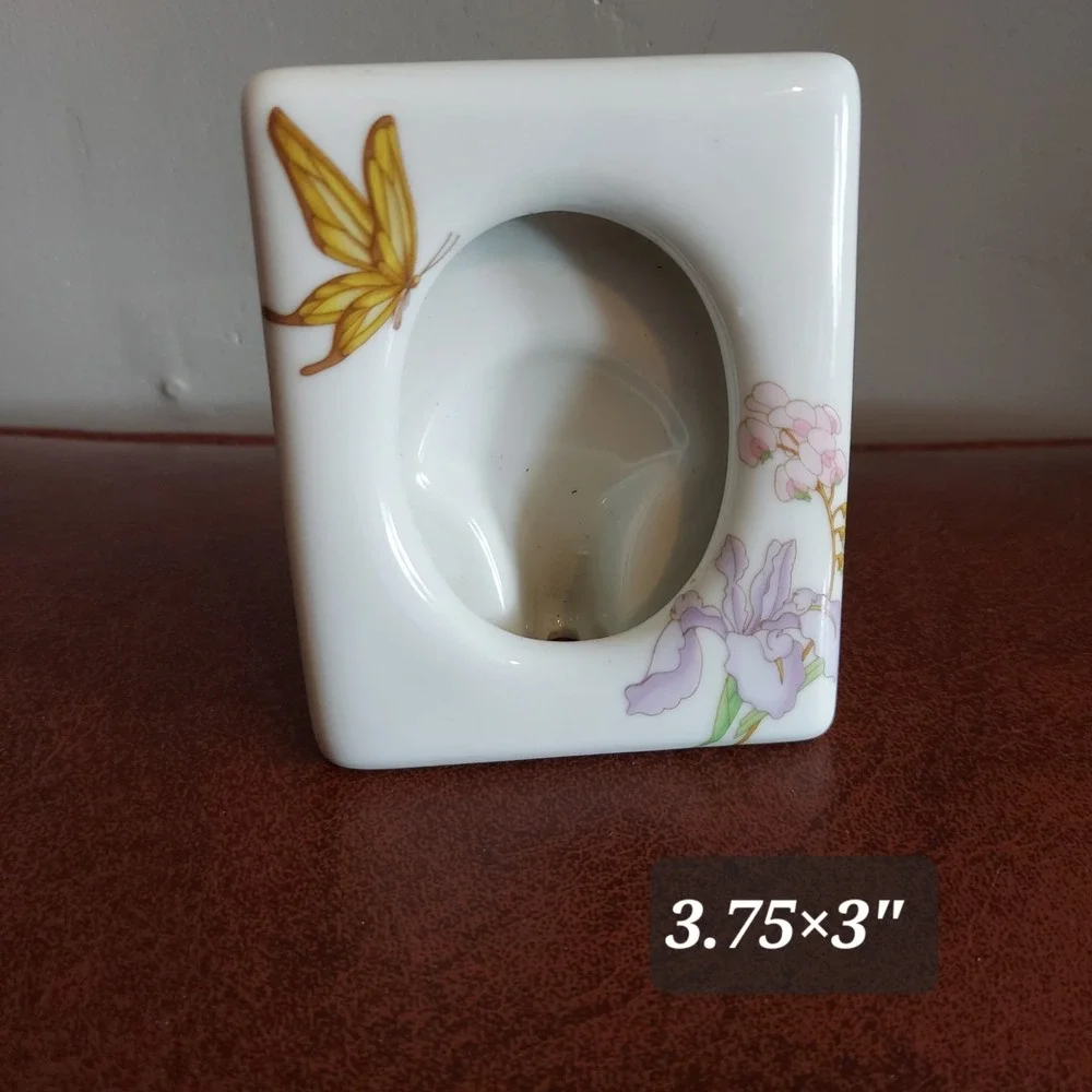 Vintage Japan Ceramic Butterfly Floral Picture Frame White Porcelain 3.75x3 Inch